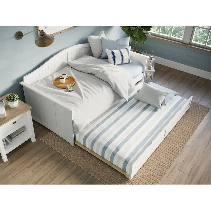 Twin Daybed with Trundle, Solid Wood, White / Walnut / Grey / Light Toffee, Sleeps 2