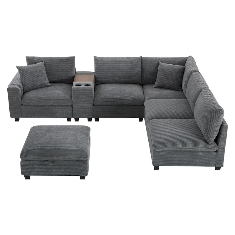 U Shaped Chenille Sofa w/Ottoman,Console,Cup Holder,Wide Seat,USB