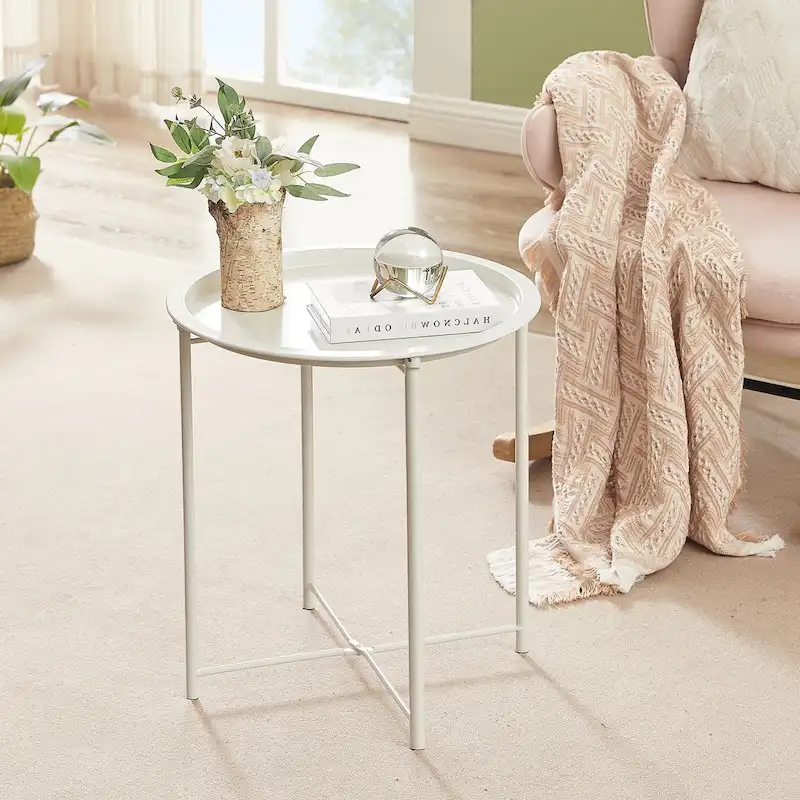Modern Side Table with Round Removable Tray, Beige (Set of 1/Set of 2)