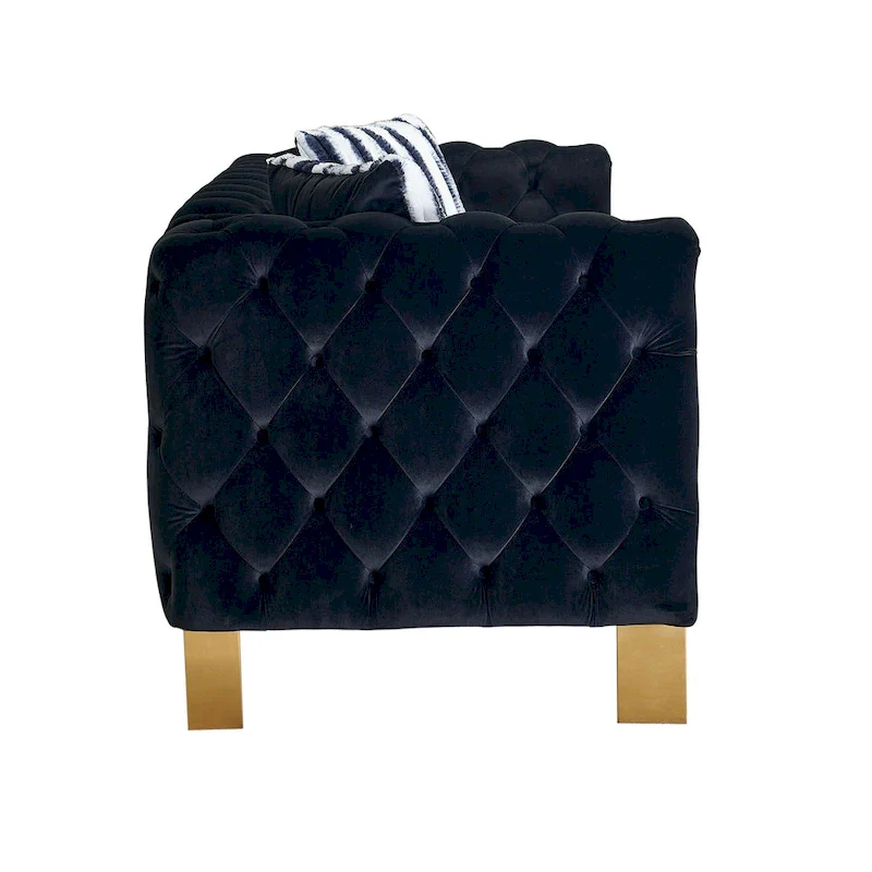 84.25 Luxurious Tufted Velvet Upholstered 3-Seater Sofa with Golden Metal Armrest Design and Buttoned Tufted Backrest