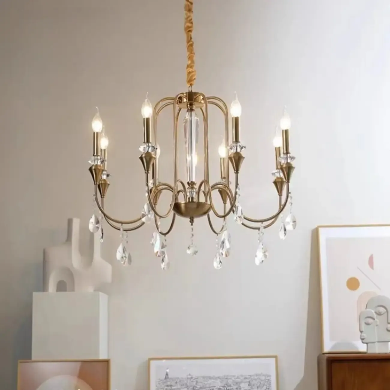 Metallic Alloy Hanging Gold Adjustable Crystal Chandelier