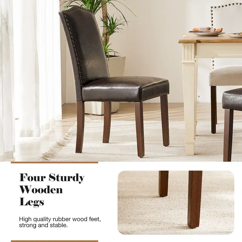 Upholstered Dining Chair Set of 2 with Nailhead Trim and Wood Legs