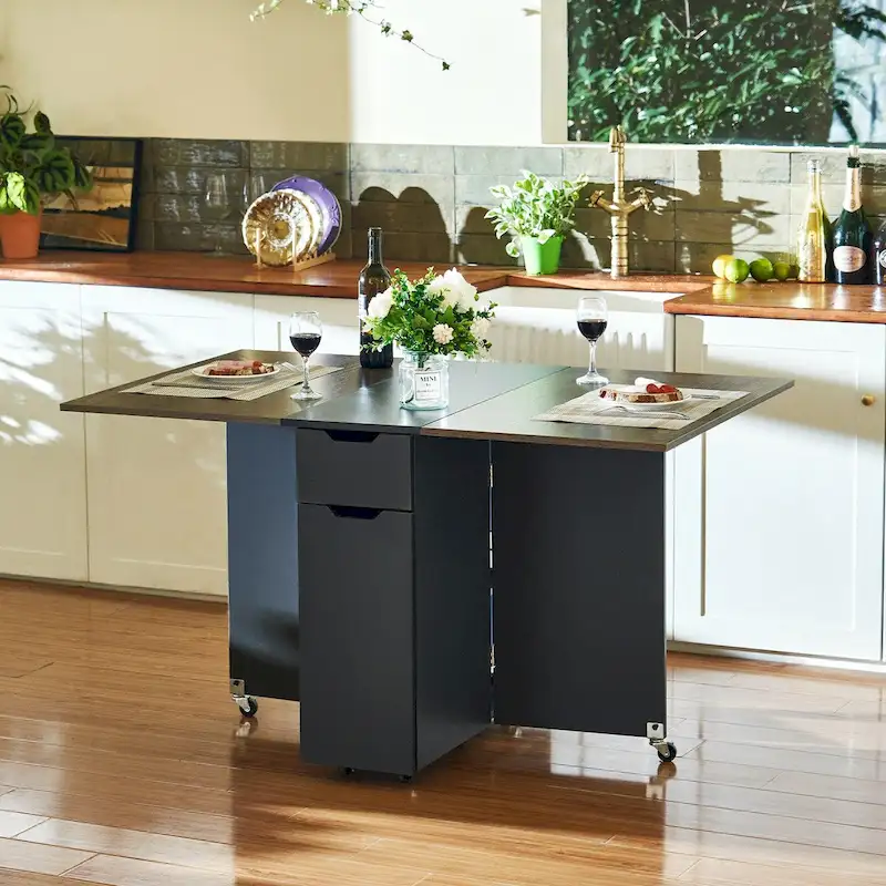 Brown Drop Leaf Extendable Dining Table with Storage Drawer, Cabinet & Caster Wheels – Seats 2–4 People