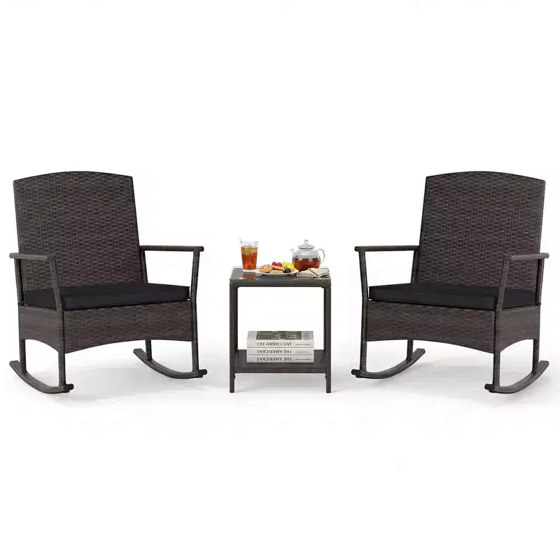 Costway 3 Piece Patio Rocking Set Wicker Rocking Chairs with 2-Tier Coffee Table Turquoise/Off White/Black