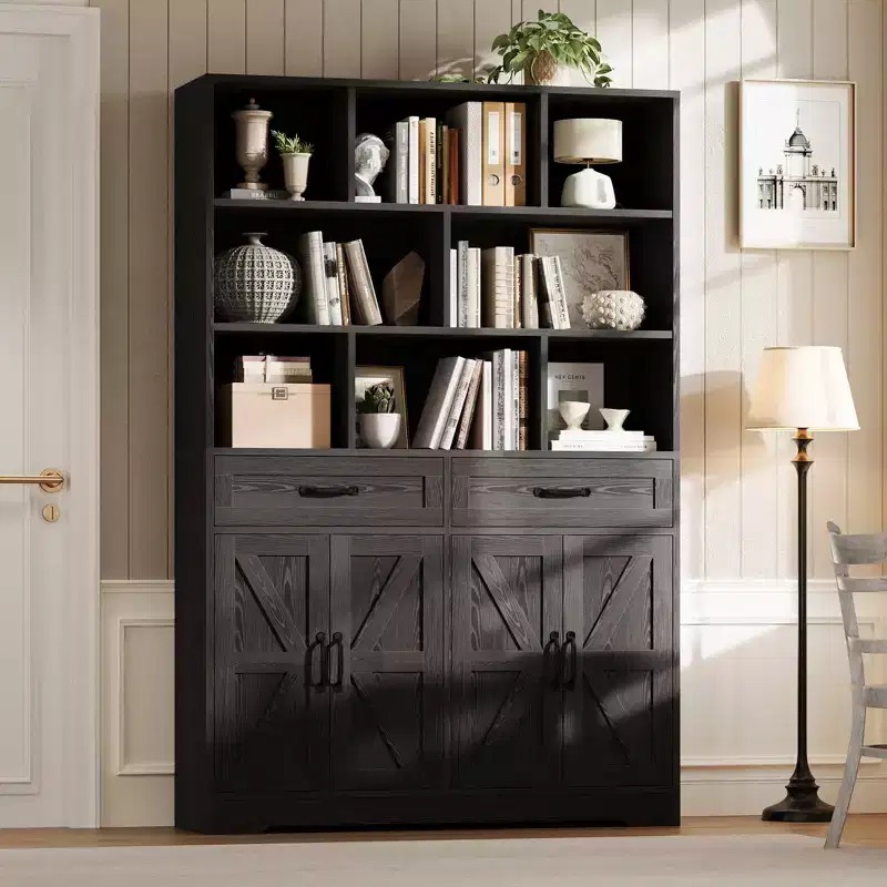 Garvee 71in Tall Bookcase with 2 Drawers & 4 Doors, 6-Tier 47in Wide Large Modern Bookshelf Storage Cabinet with Shelves for Home Living Room Office