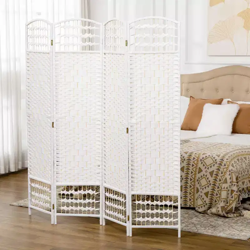 MAYEERTY 4 Panel Room Divider Folding Privacy Screen Wave Fiber Freestanding Partition Wall Divider for Home White