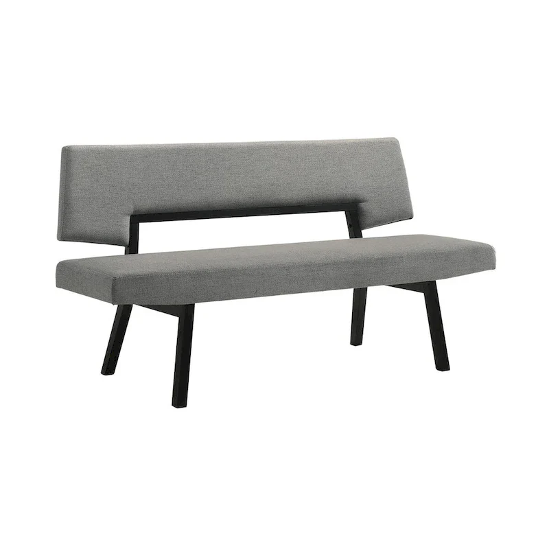 Yumi 63 Inch Dining Bench, Seat and Back with Charcoal Gray Fabric, Black