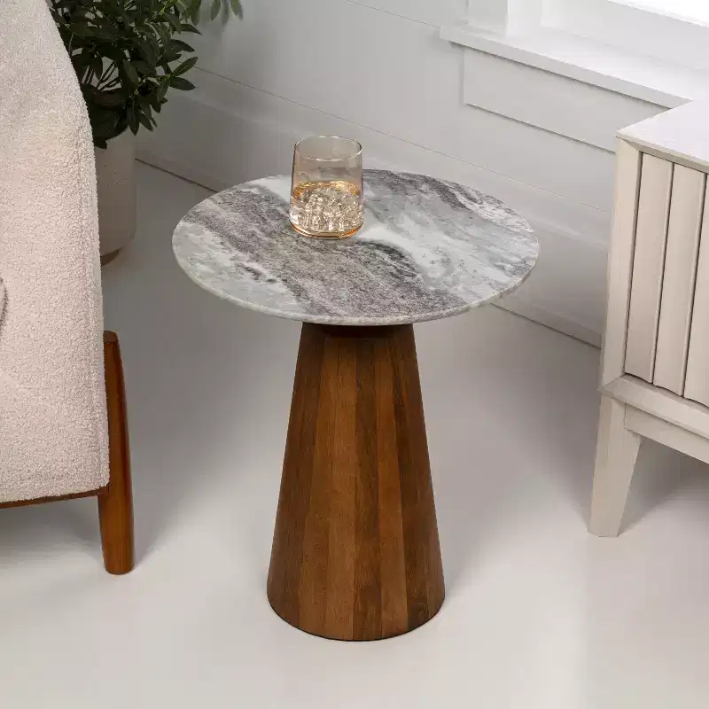 JONATHAN Y Kaito 18 Rustic Minimalist Round Marble/Wood Accent Table