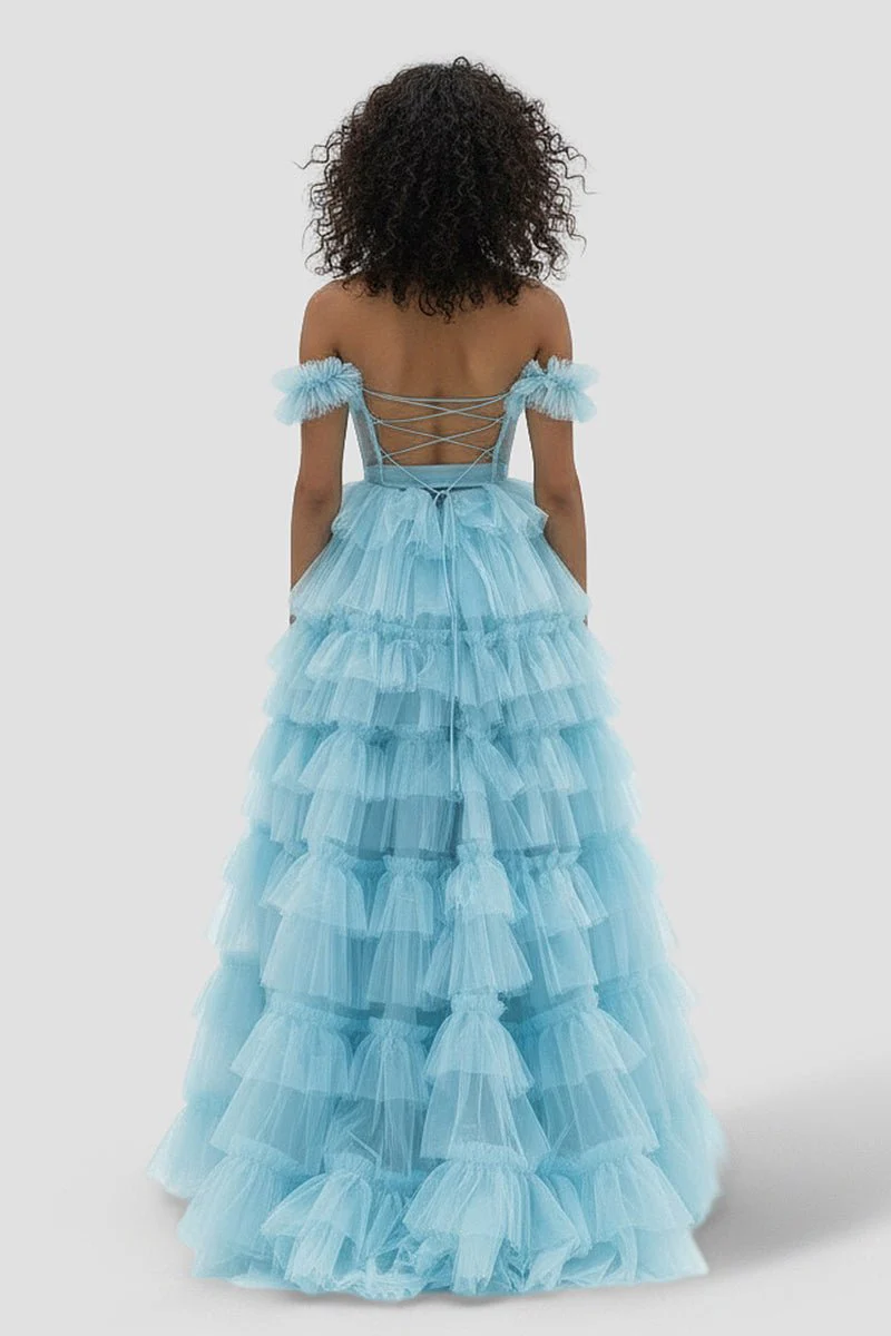 Royal Blue Off the Shoulder Ruffle Tiered Tulle Long Prom Dresses with Slit