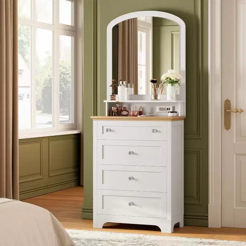 White Drawer Dresser with Mirror - Charge Station and LED Strip, 4 Drawer Cabinet with Cristal Knobs, Modern Makeup Vanity Table for Bedroom