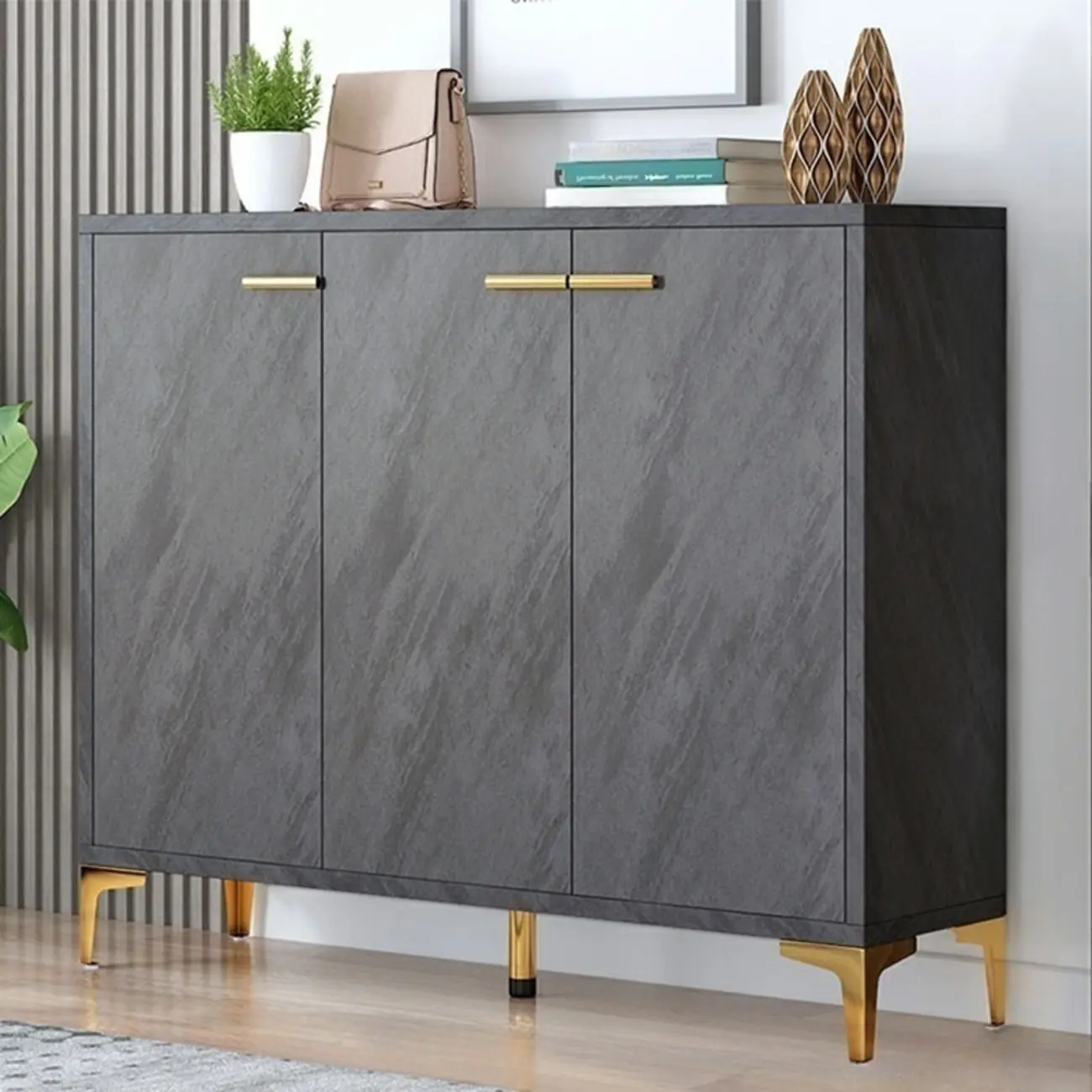 Elegant Grey Wood Hallway Shoe Cabinet with Metal Legs