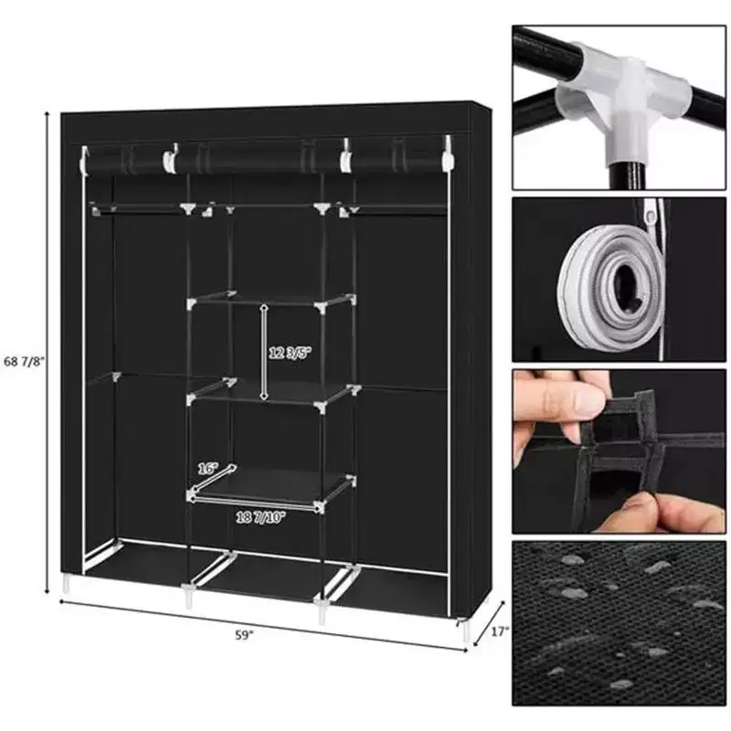 Non-Woven Fabric Wardrobe, 5-Tier 9-Cube Storage Organizer, 150x45x175cm, Black, for Home Dormitory