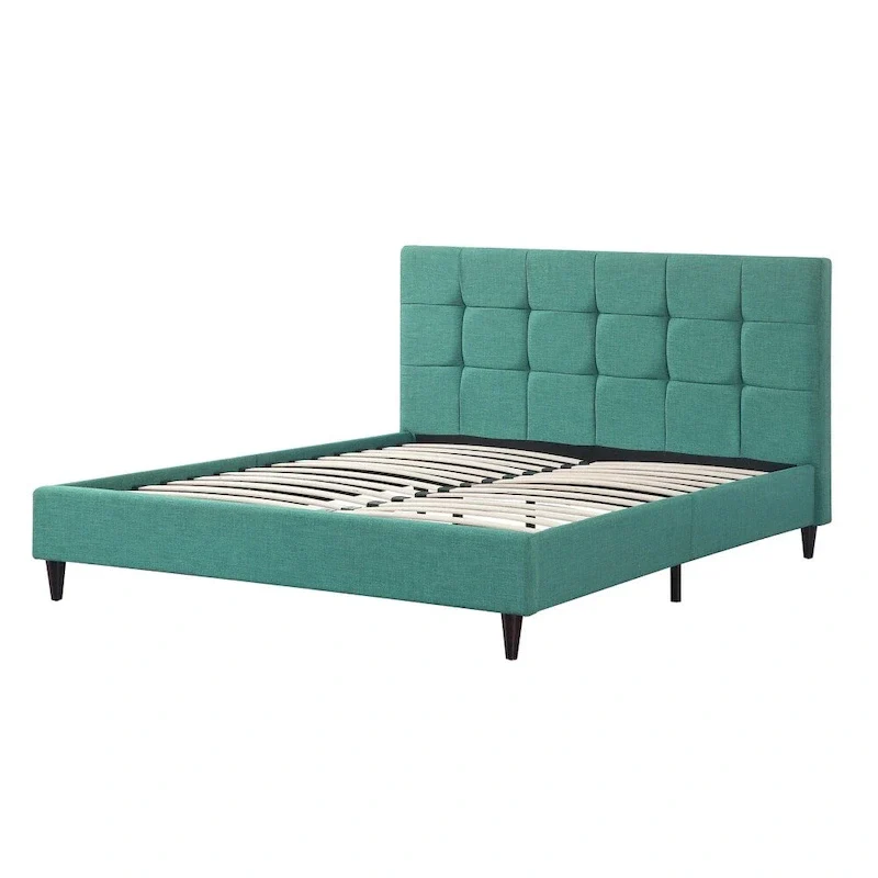 Modern Upholstered Square Stitched Platform Bed with Wooden Slats