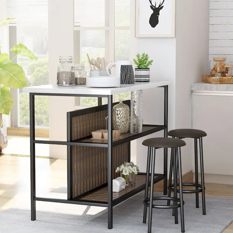 Grondin Mid-Century Modern 3-Piece Faux Marble Top Kitchen Island Set with 2 Stools and Shelves - N/A