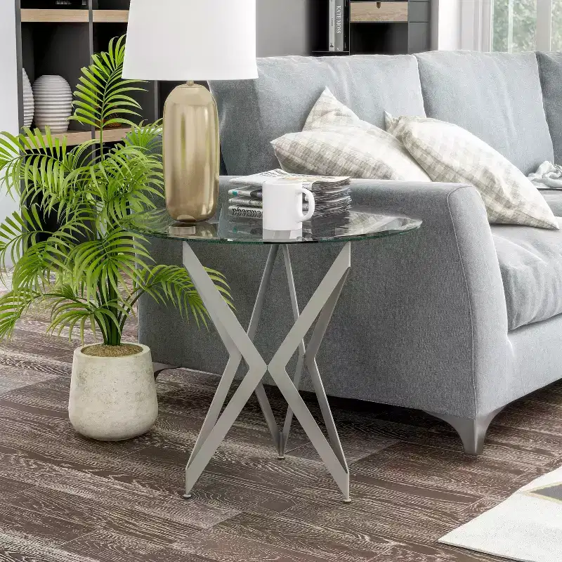 Braylyn Round Glass Top Contemporary End Table Champagne - miBasics: Modern Steel Frame, 22" High Side Table