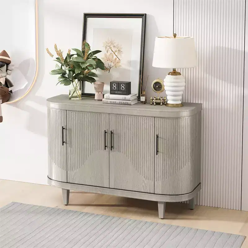 Modern Accent Storage Cabinet, Curved Sideboard Buffet Cabinet with 4 Doors, Adjustable Shelves, Coffee Bar Cabinet for Living Room, Hallway