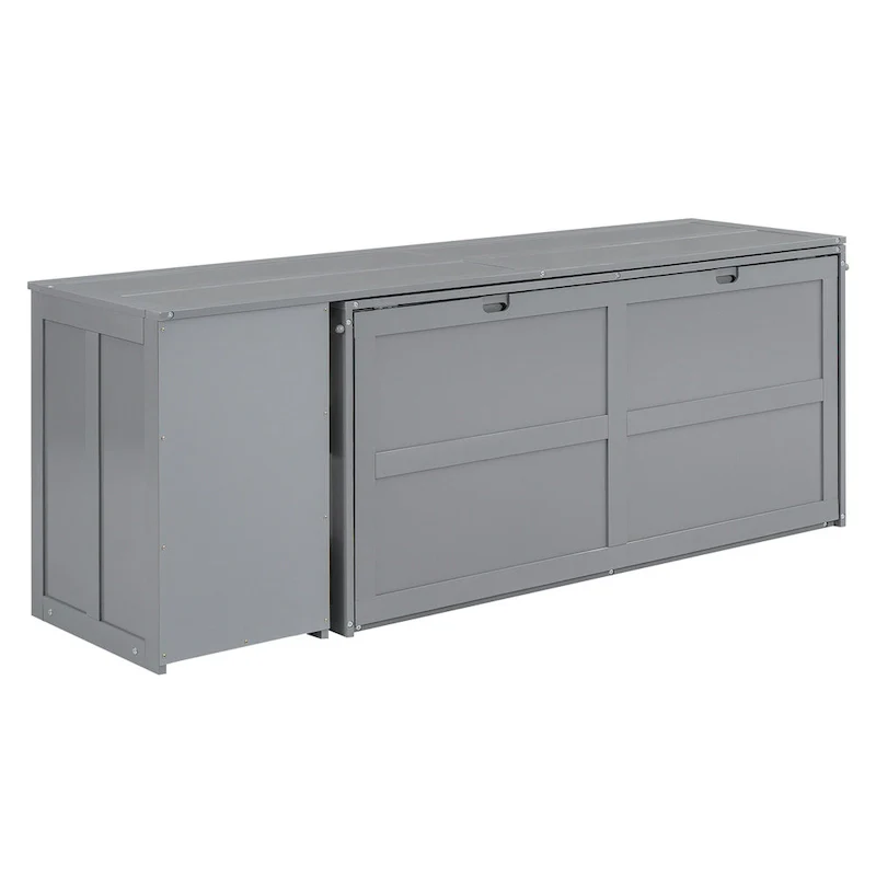 Grey Queen Murphy Bed with Rotating Desk and Shelves - Pine Wood and MDF Space-Saving Design