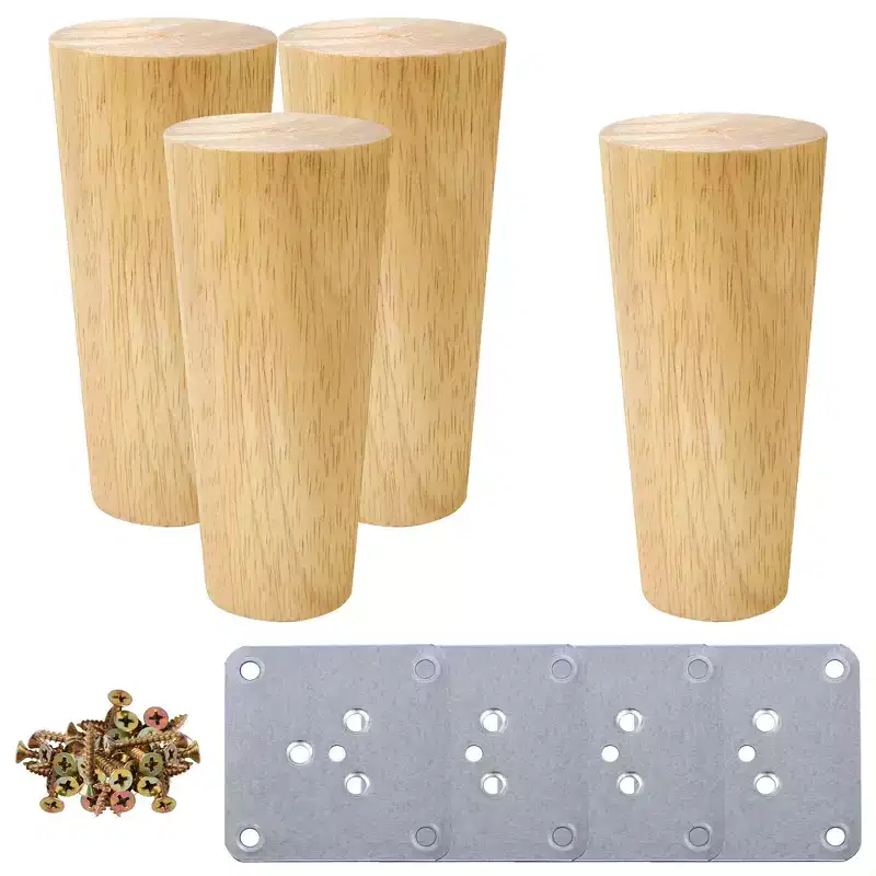 Unique Bargains Wood Furniture Legs Round Solid with Mounting Plate Replacement Feets Set of 4