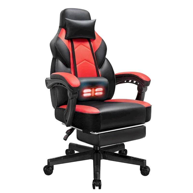 Gaming Chair PU Leather Office Chair with Headrest, Footrest & Massage Lumbar Support