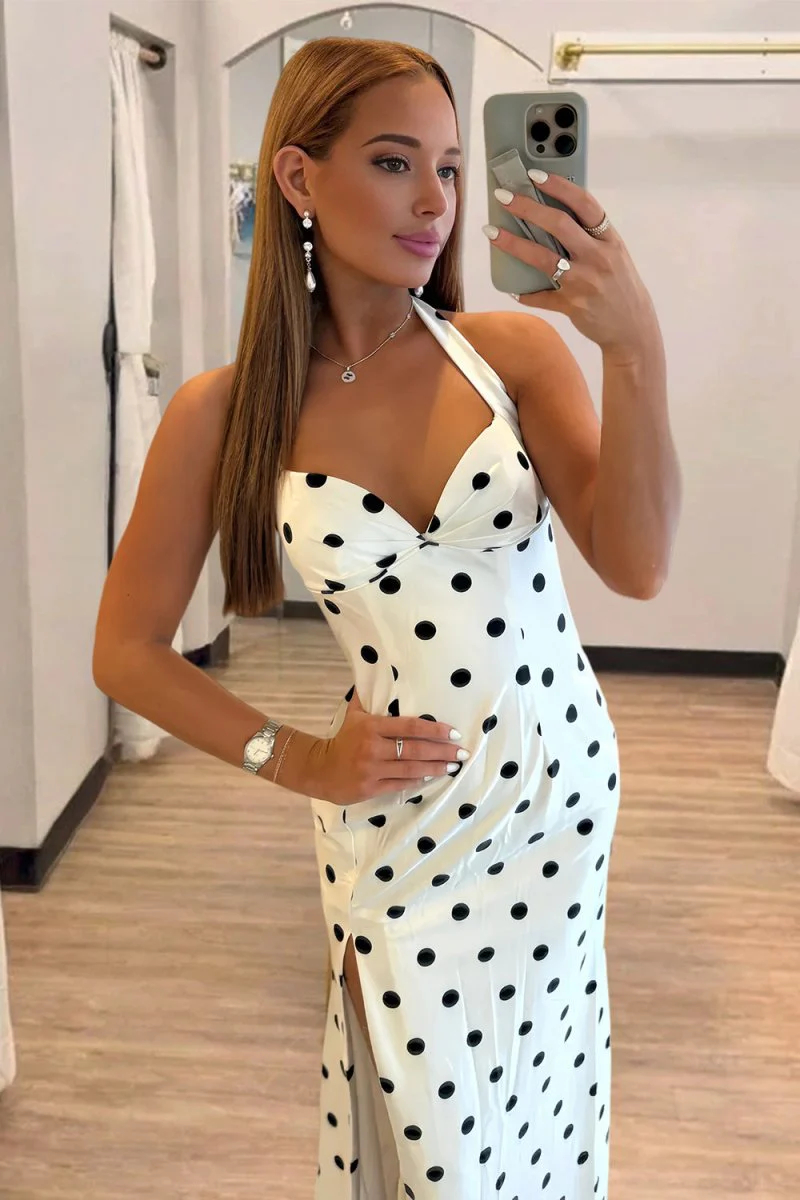 Black-White Halter Sheath Polka Dots Long Formal Prom Dresses With Slit