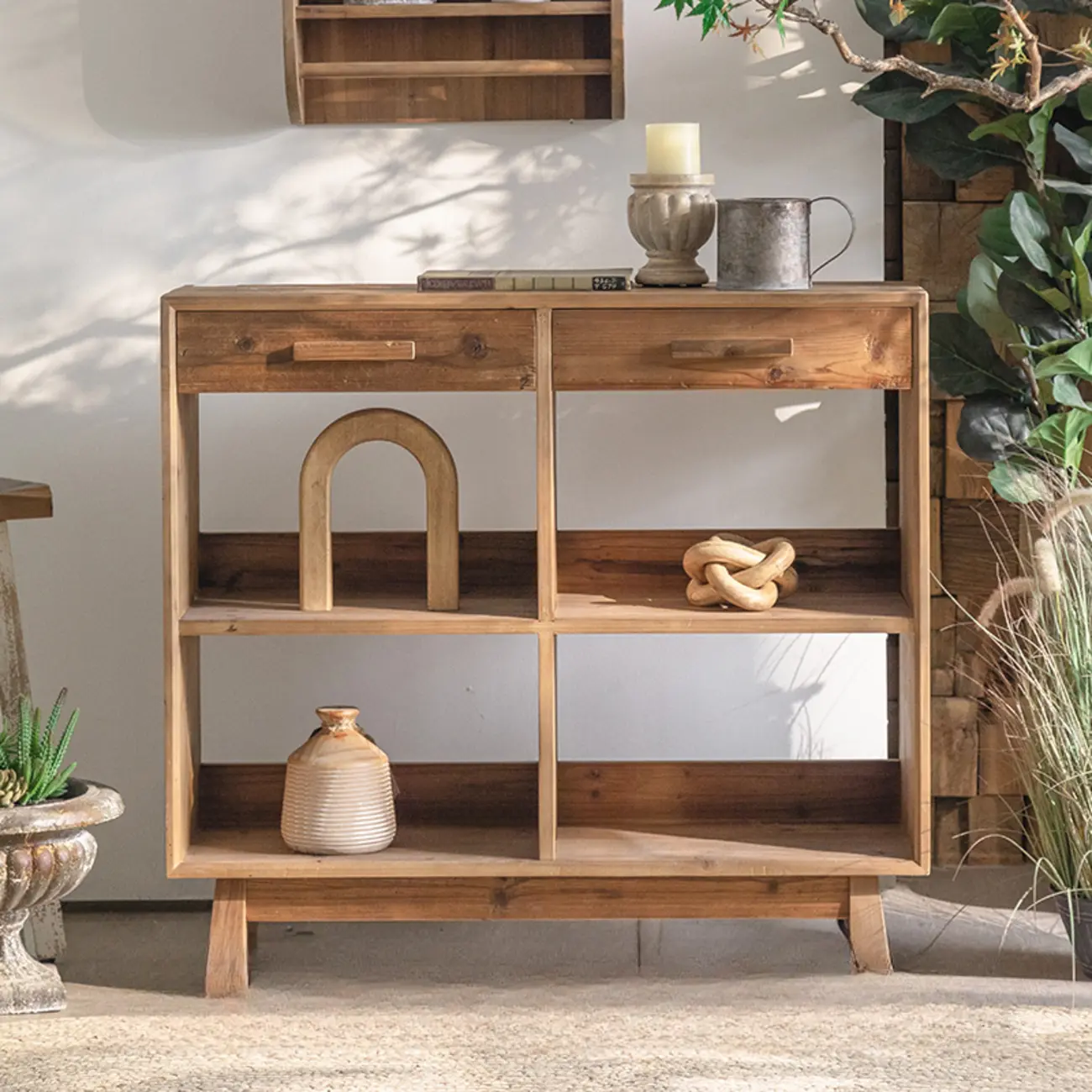 Traditional Multi-Shelves Brown Wooden Flip-Up China Cabinet