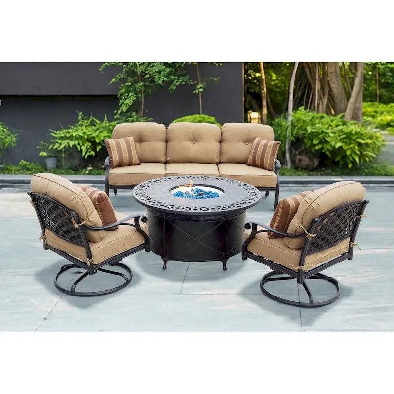 Nassau 4-Piece Patio Propane Fire Pit Sofa Set (with 2 Swivel Rocker Club Chairs) and 47  Round Fire Pit Chat Table