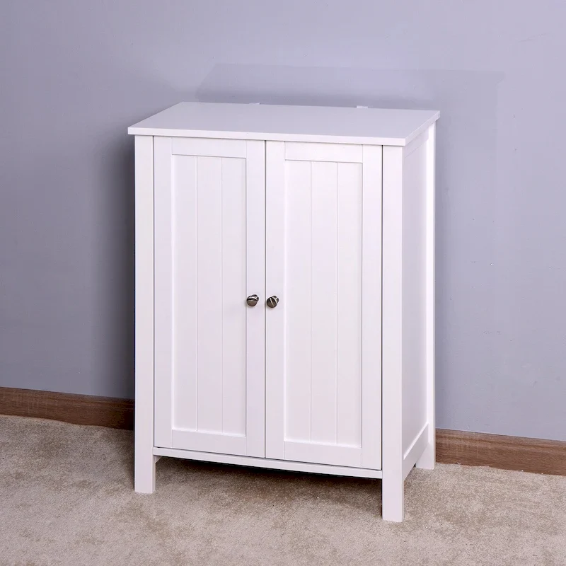 Bathroom Floor Storage Cabinet with Double Door Adjustable Shelf, White