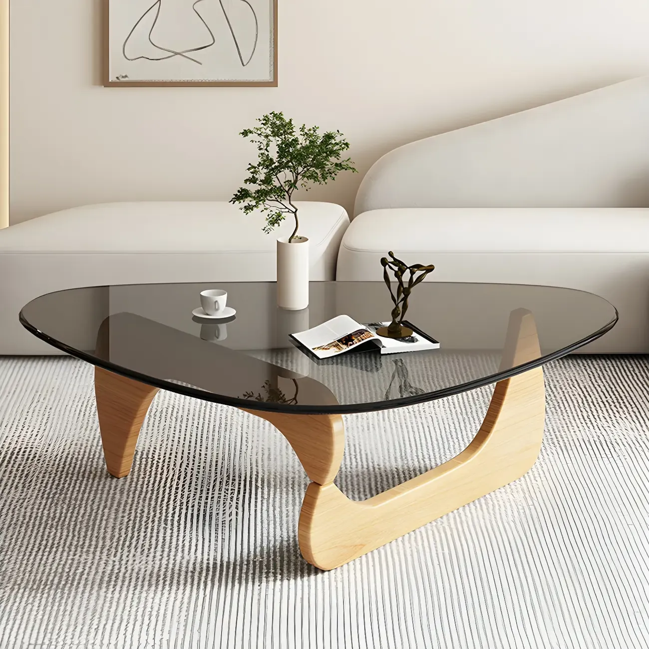 Modern Triangle Glass Coffee Table Wooden Base