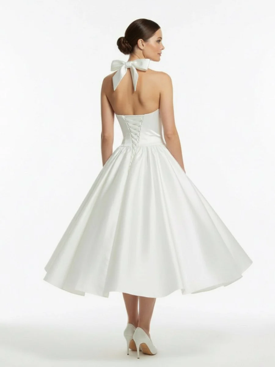 White A-Line Halter Sleeveless Tea Length Satin Bridal Gowns With Bow(s) Pleats