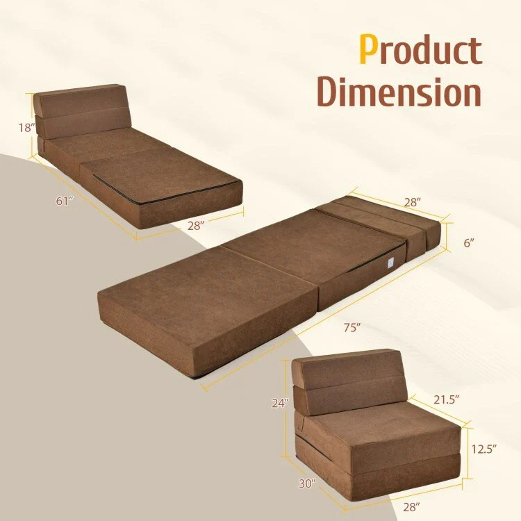 Tri-Fold Folding Chair Convertible Sleeper Bed - 75 x 28 x 6