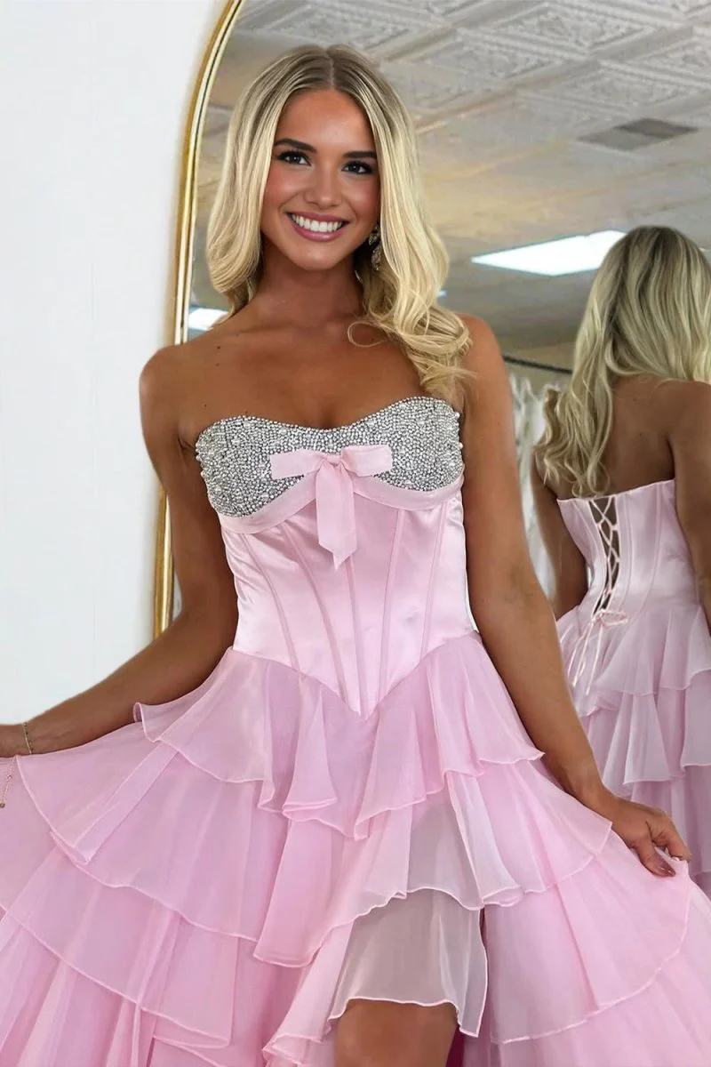 Pink Sweetheart A Line Chiffon Ruffled Long Formal Prom Dresses With Beading