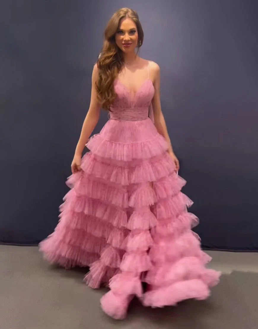 Pink A Line Spaghetti Straps Open Back Tiered Long Prom Dress