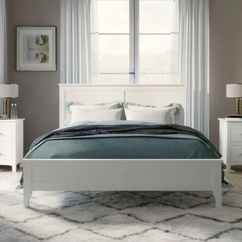 King Platform Bed Frame with Headboard & Footboard – White / Gray, Wood Slats, Single