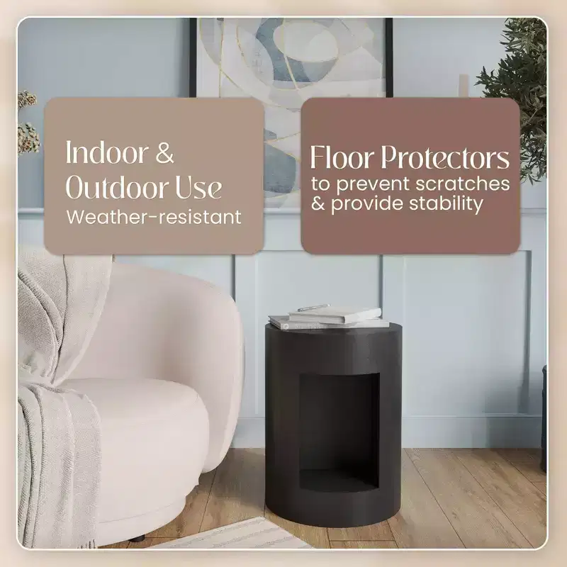 LeisureMod 17 Wide Round Side Table in Fiberstone with Open Storage and Painted Finish, Indoor/Outdoor Use, No Assembly, Nook Collection