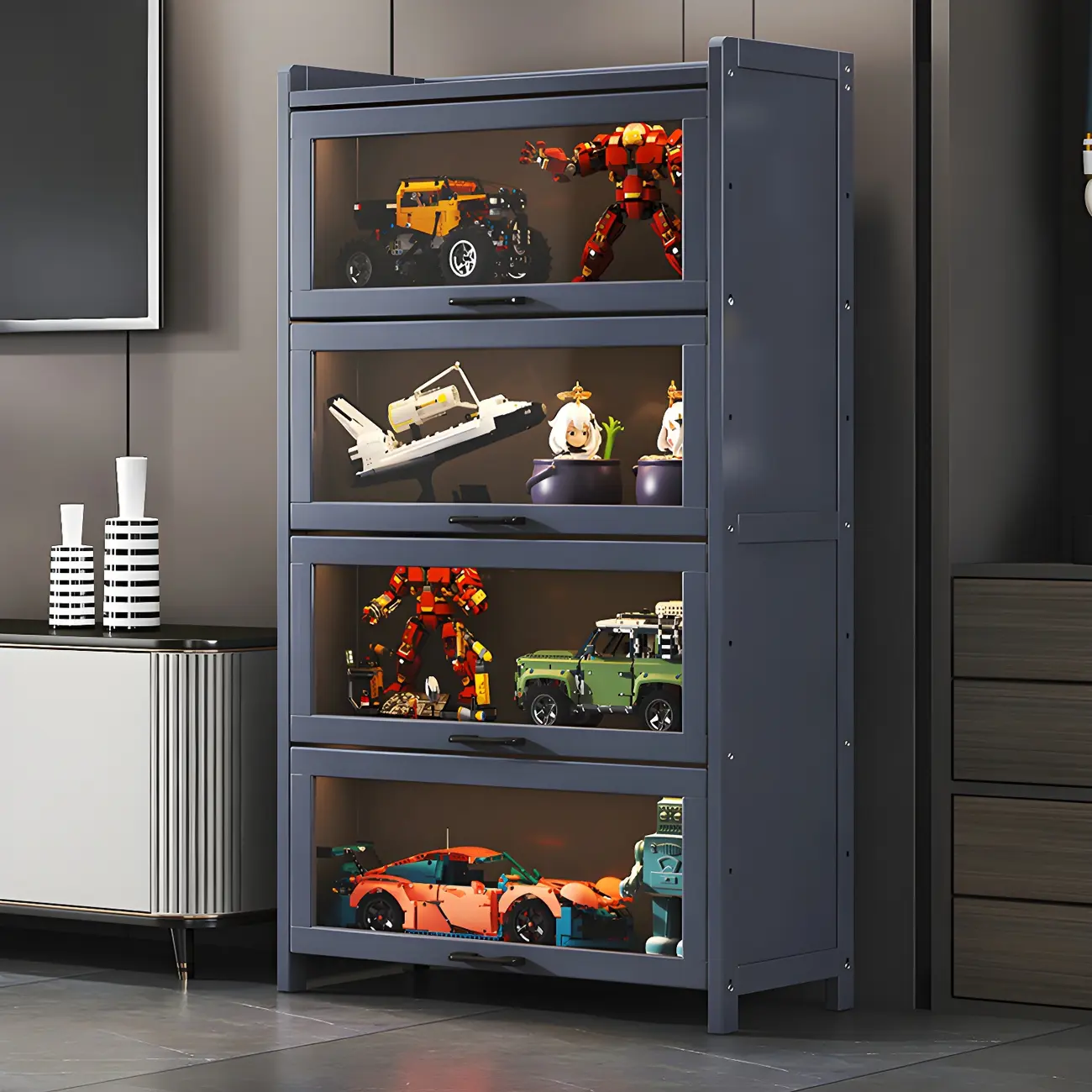 Living Room Modern Gray Bamboo Display Cabinet