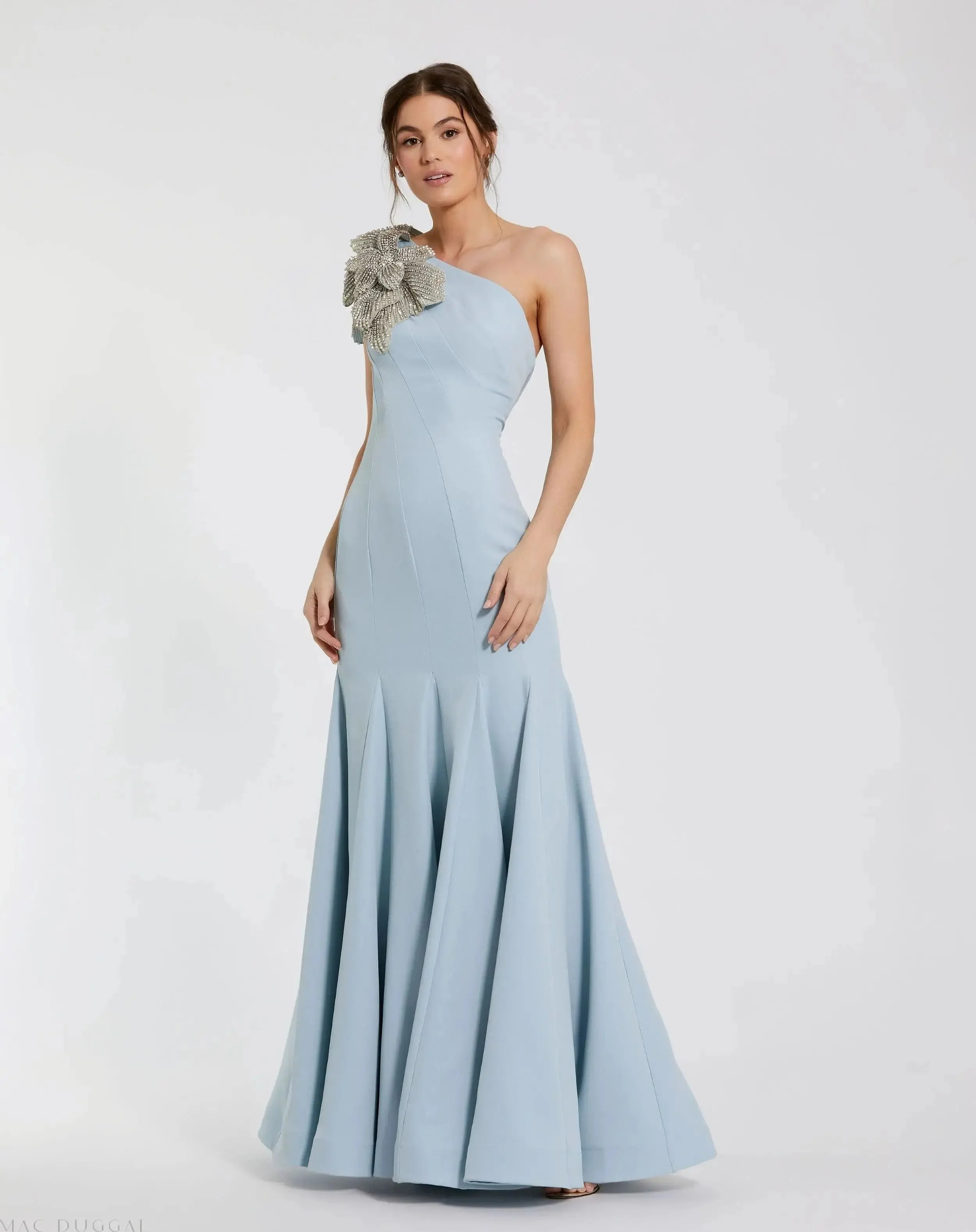 Blue Crepe One Shoulder Gown With Crystal Flower