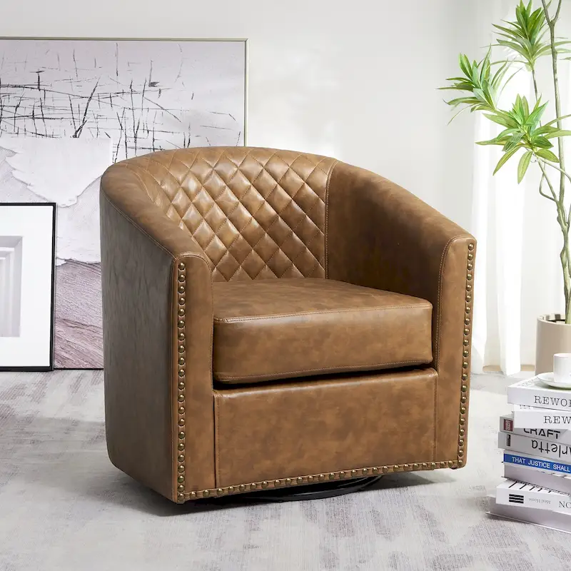 KINWELL 29 Wide Tufted PU Leather Swivel Barrel Chair