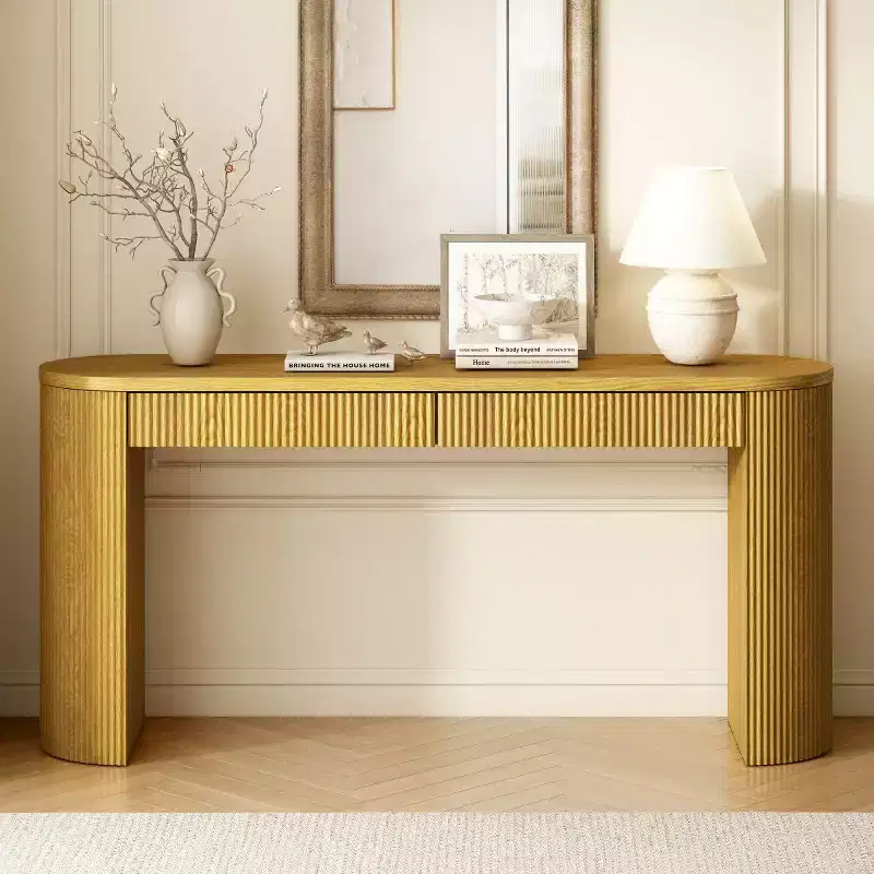 58.2 Farmhouse Fluted Entryway Console Table with Drawers, Curved Legs for Hallway, Living Room or Foyer - Panipeachy