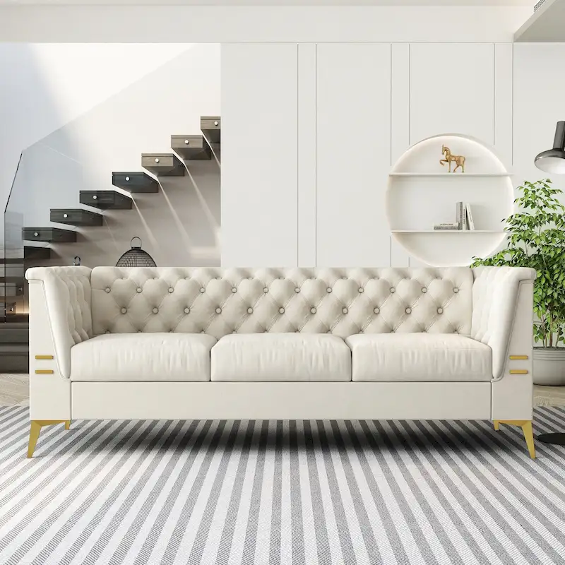 3-Seater Velvet Sofa with Tufted Cushions and Gold Metal Legs