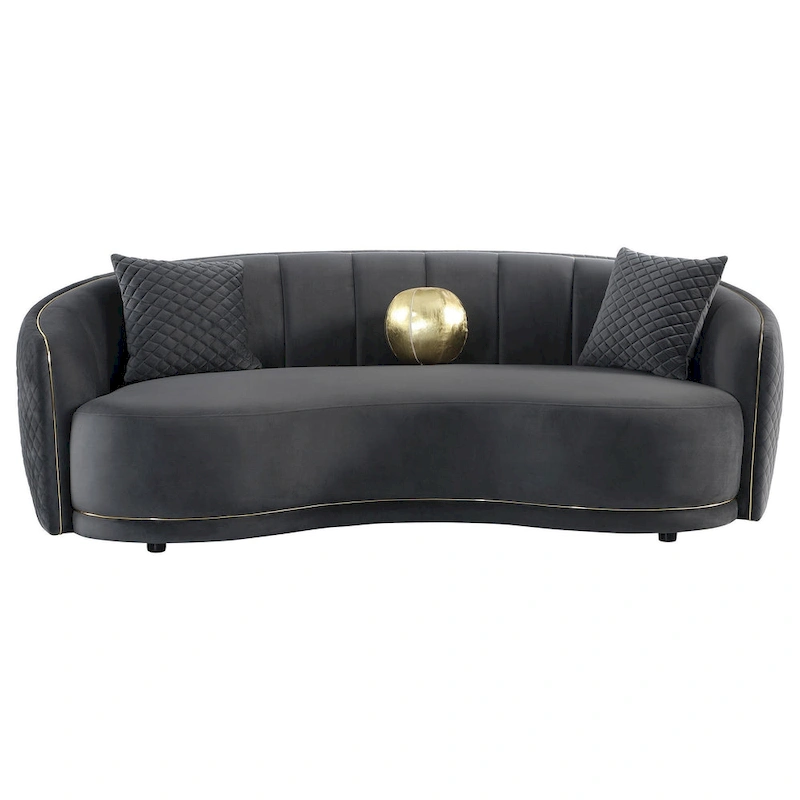 Buo Curved Sofa, 92 Inch, Dark Gray Polyester, Gold Trim, 3 Pillows