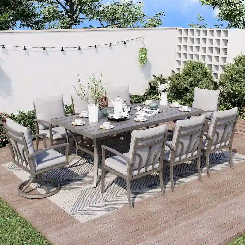 9-Piece Aluminum Patio Dining Set with 2 Swivel Dining Chairs and 6 Dining Chairs and Washable Cushions