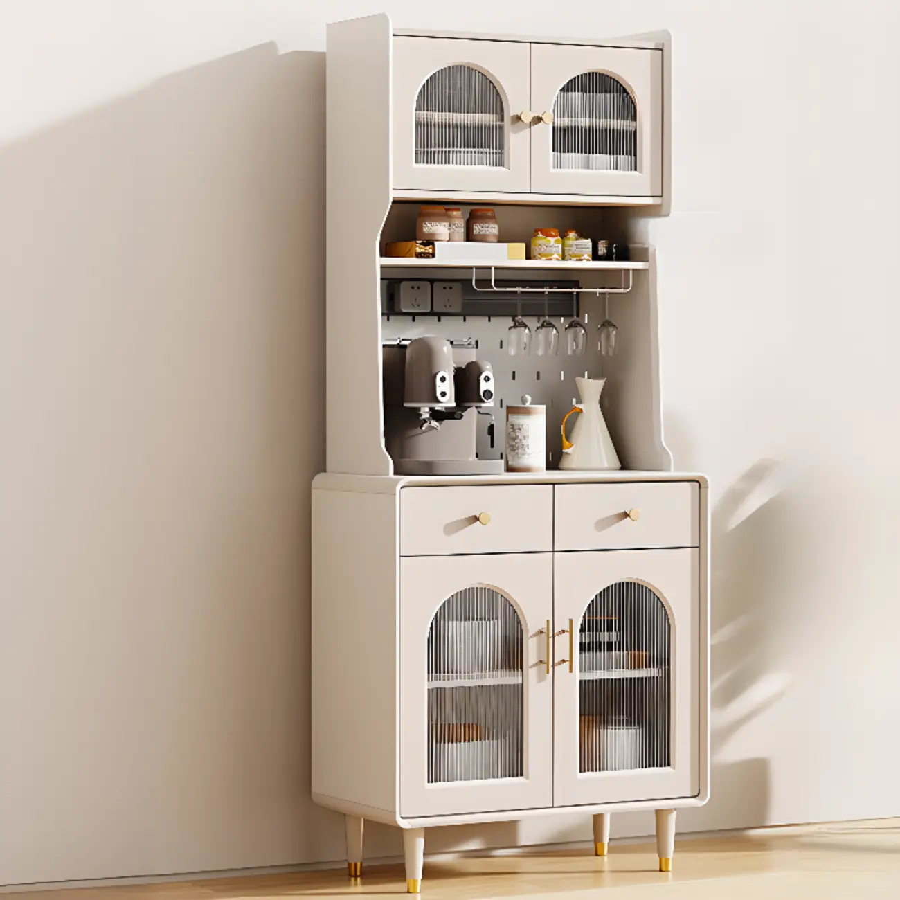 Multi-Functional White Wood Arched Glass Door Sideboard Cabinet