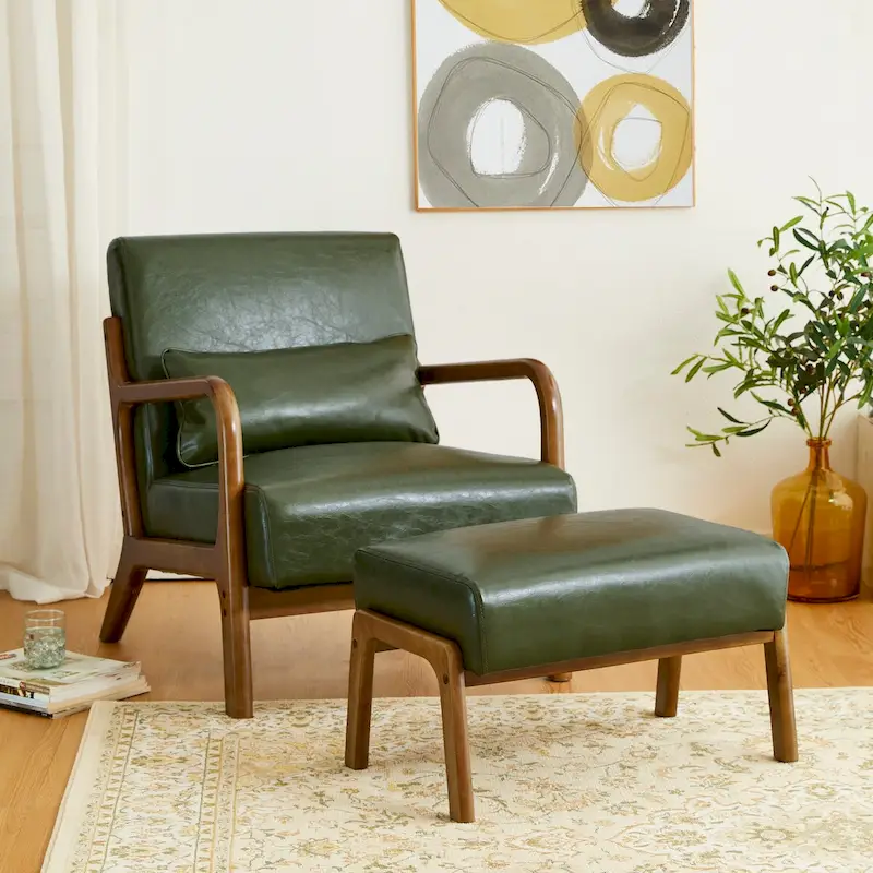 Brown Mid-Century Faux Leather Ottoman Accent Stool, Set of 2