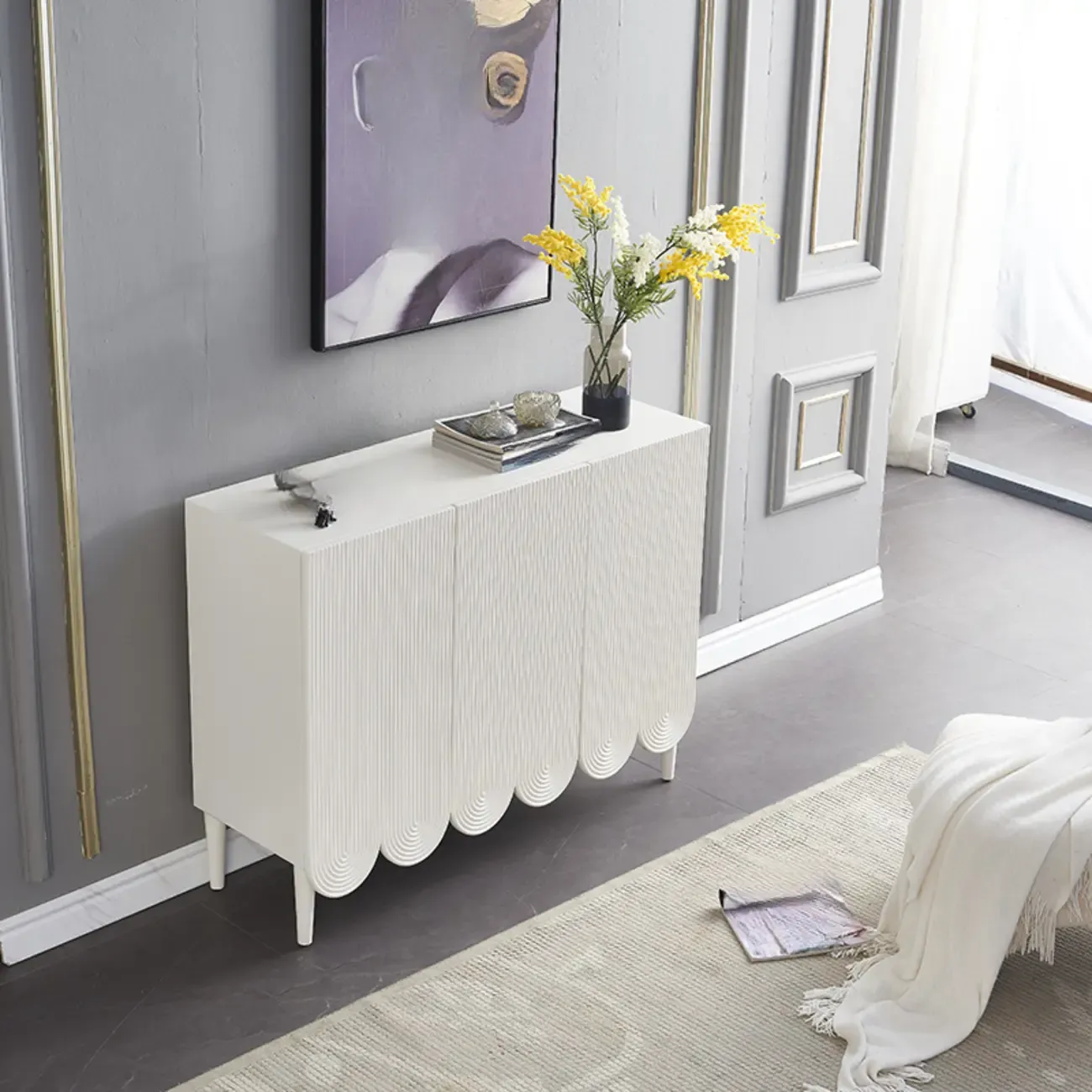 Modern White Wood Scalloped Adjustable Shelves Cabinet