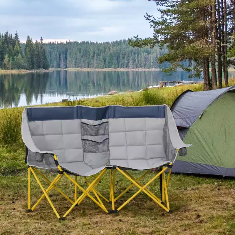 Outsunny Double Seat Camping Chair Folding Lawn Loveseat w/ Storage Pocket & Cup Holder, Bag for Outdoor, Beach, Picnic, Hiking, Travel