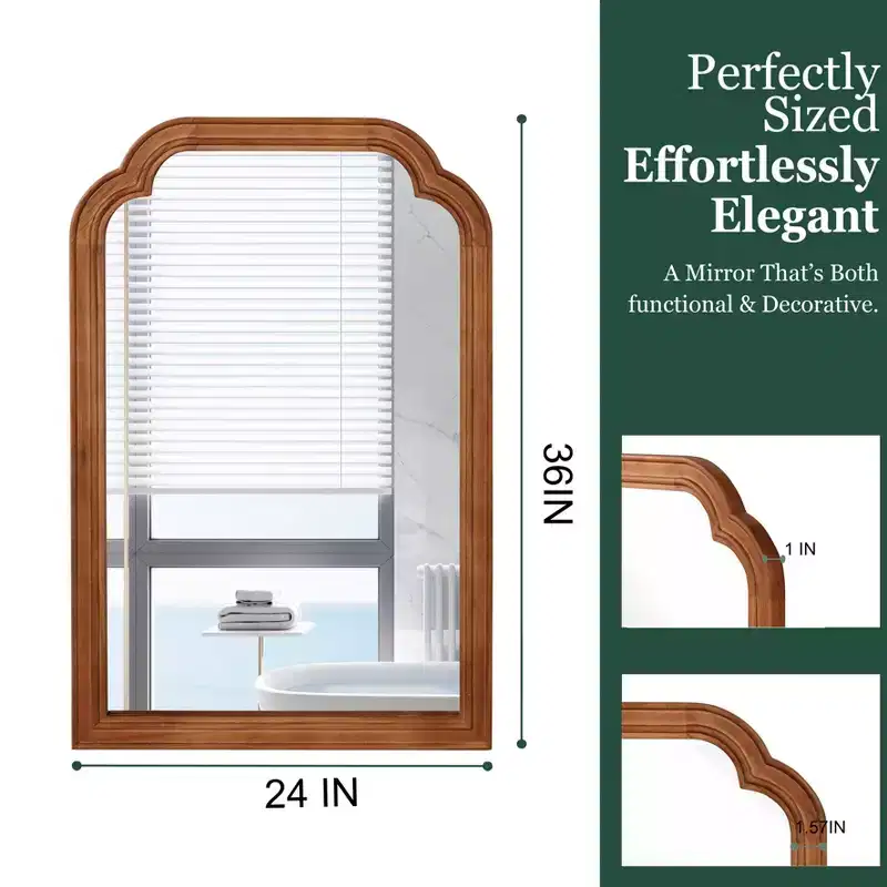 PexFix 24 x 36 Rounded Corner Solid Wood Frame Decorative Mirror Modern Farmhouse Wall Mirror For Bedroom Bathroom Living Room Entryway Brown