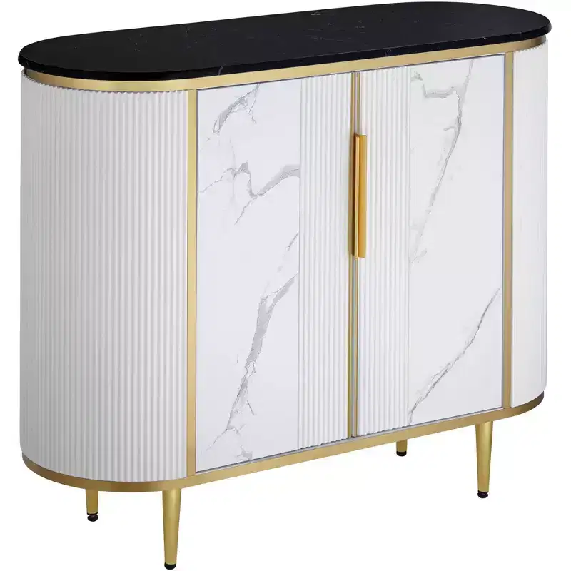 55 Downing Street Jodie Modern White Oval Console Table 38 1/4 x 15 1/4 with Storage Black Marble Tabletop for Living Room Home