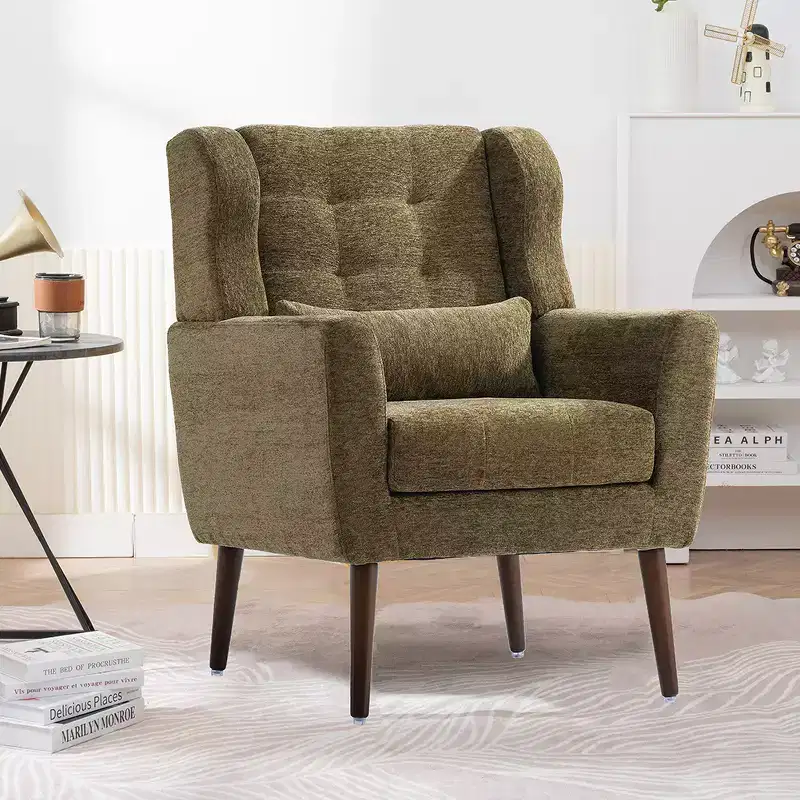 Modern Accent Chair, Upholstered High Back Reading Chair with Chenille Fabric and Wood Legs, Avocado Lounge Armchair for Living Room Bedroom