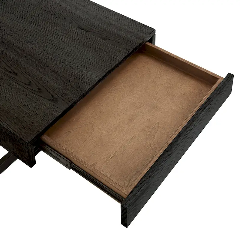 Wood Finish Coffee Table with Two Drawers - Black Metal Frame
