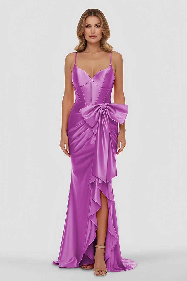 Straps V-Neck Satin Mermaid Prom Dress with Bow